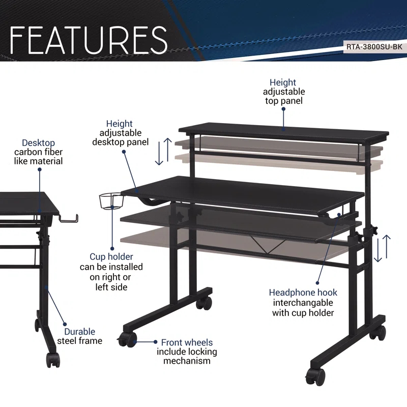 Inbox Zero Mobili Rolling Writing Desk – Height Adjustable with Moveable Shelf & Locking Wheels