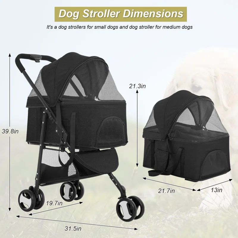 Foldable Pet Stroller with Detachable Carrier