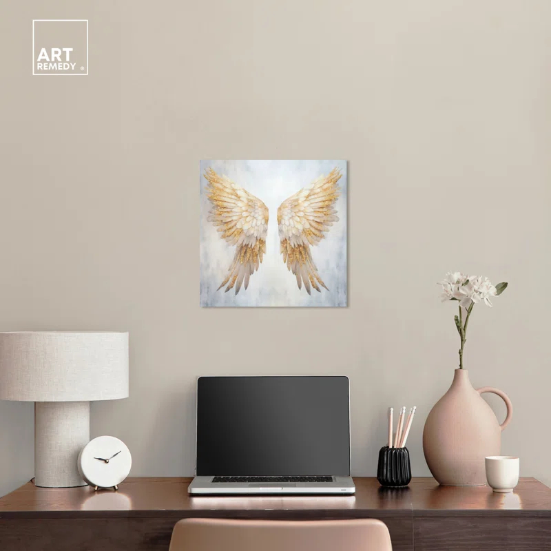 Art Remedy Elegant Angel Wings Canvas Elegant White Gold Wall Art by Art Remedy