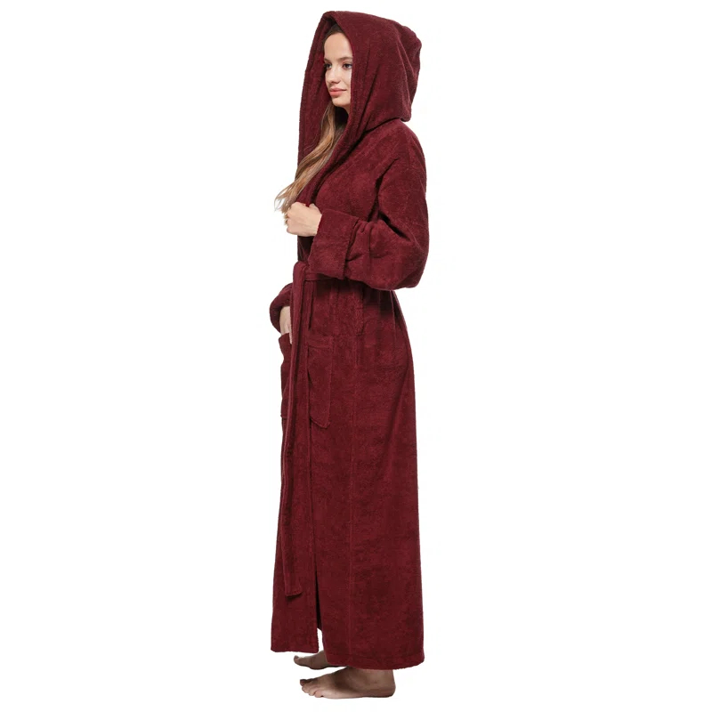Red Barrel Studio® Hovis Cotton Terry Cloth Ankle Bathrobe with Pockets and Hood