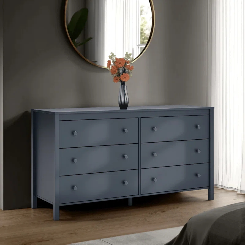 Benjara Cian Wide Dresser, 6 Drawers, Knob Handles, Navy Blue Wood, 61 Inch