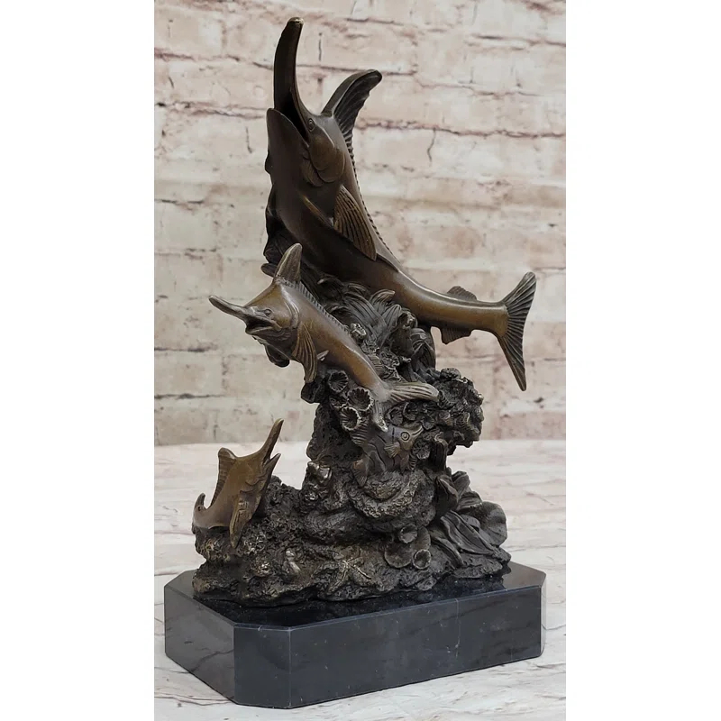 Rosecliff Heights Original Bronze Statue Sculpture Of Marlin Sailfish Swordfish Jumping Out Of Ocean On Marble Base