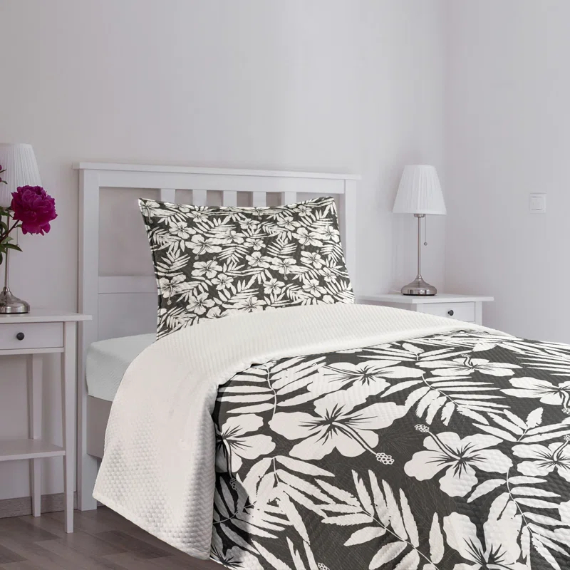 Ambesonne Ambesonne Tropical Bedspread Set Exotic Hibiscus Flower Grey and White