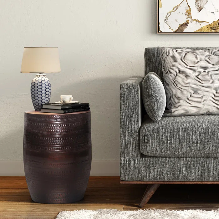 Simpli Home 15"W Metal Boho End Table with Drum Design and Textured Finish, Assembled