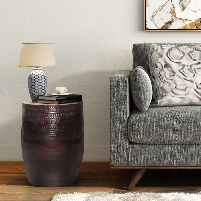 Simpli Home 15"W Metal Boho End Table with Drum Design and Textured Finish, Assembled