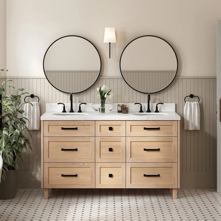 Ariel Bath Ariel Monrow 60 Inch Double Oval Sink Bathroom Vanity With Carrara Quartz Countertop