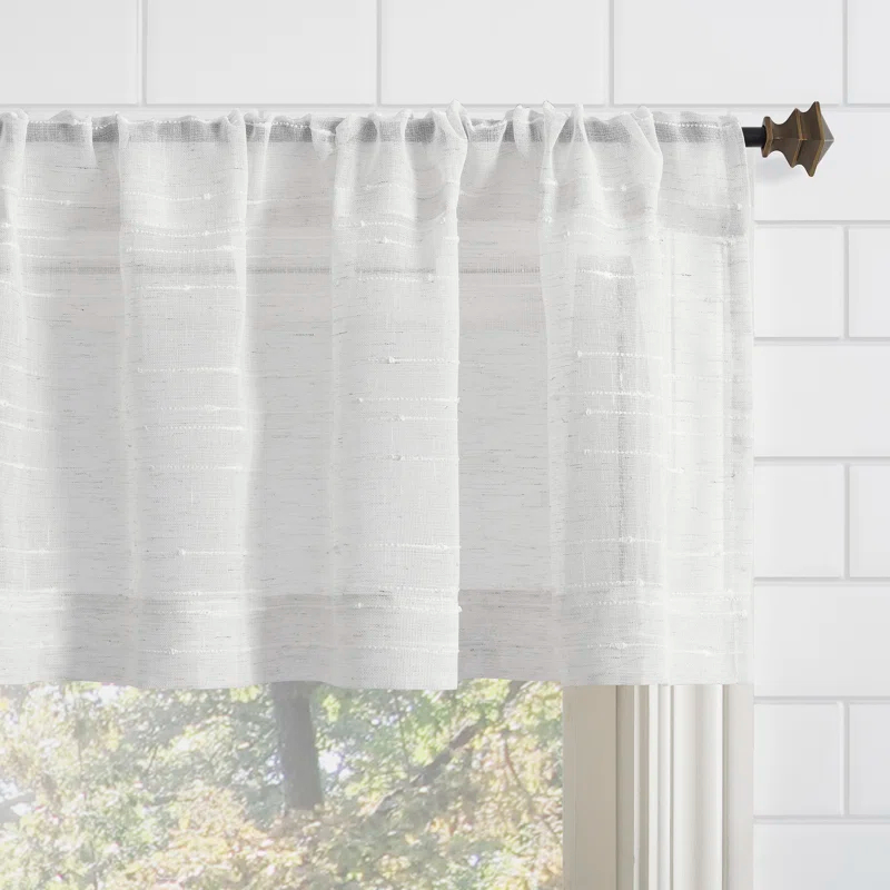 Clean Window Aya Textured Slub Stripe Linen Blend Sheer Rod Pocket Kitchen Curtain Valance