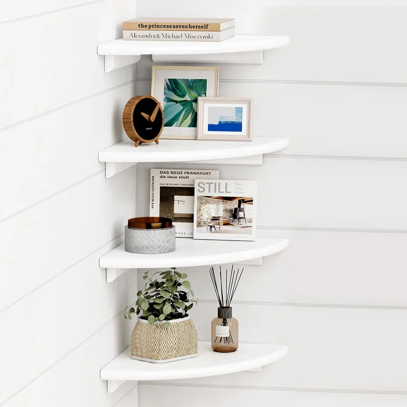 Latitude Run® White Corner Floating Shelves For Wall Set Of 4, Rounded Corner Shelves Wall Mounted,Small Spaces
