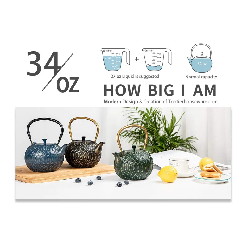 Lark Manor™ Tea Kettle,Cast Iron Tea Kettle For Stove Top, Stovetop Safe Teapot With Infusers For Loose Tea, 34 Ounce (1000 Ml), Dark Green Melody