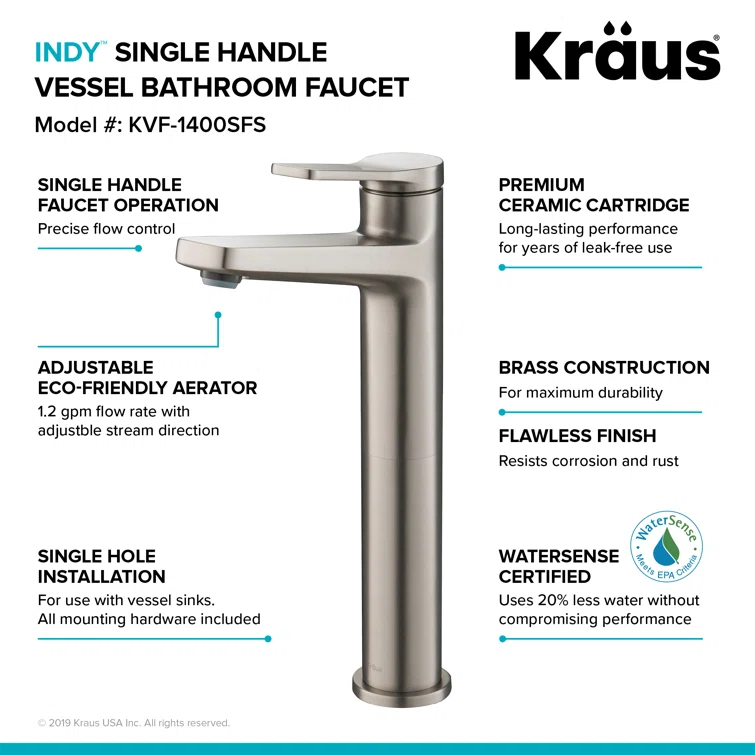 Kraus Indy Single Hole Bathroom Faucet (Set of 2) KVF-1400SFS-2PK