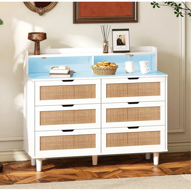 Latitude Run® 6-Drawer Dresser w/LED Lights and Power Outlet,Rattan Storage Cabinet,Living Room Organizer
