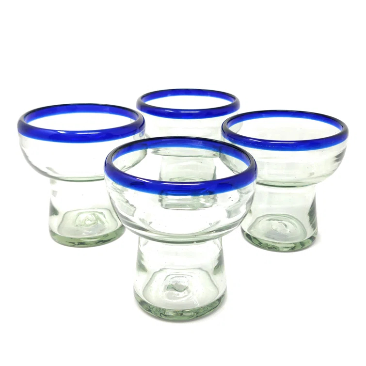 Longshore Tides Mexican Hand Blown Glass - Hand Blown Stemless Blue Rim Margarita Glasses (14oz) & Reviews | Wayfair