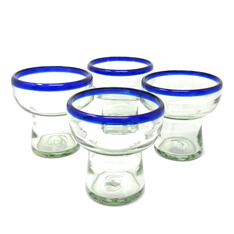 Longshore Tides Mexican Hand Blown Glass - Hand Blown Stemless Blue Rim Margarita Glasses (14oz) & Reviews | Wayfair
