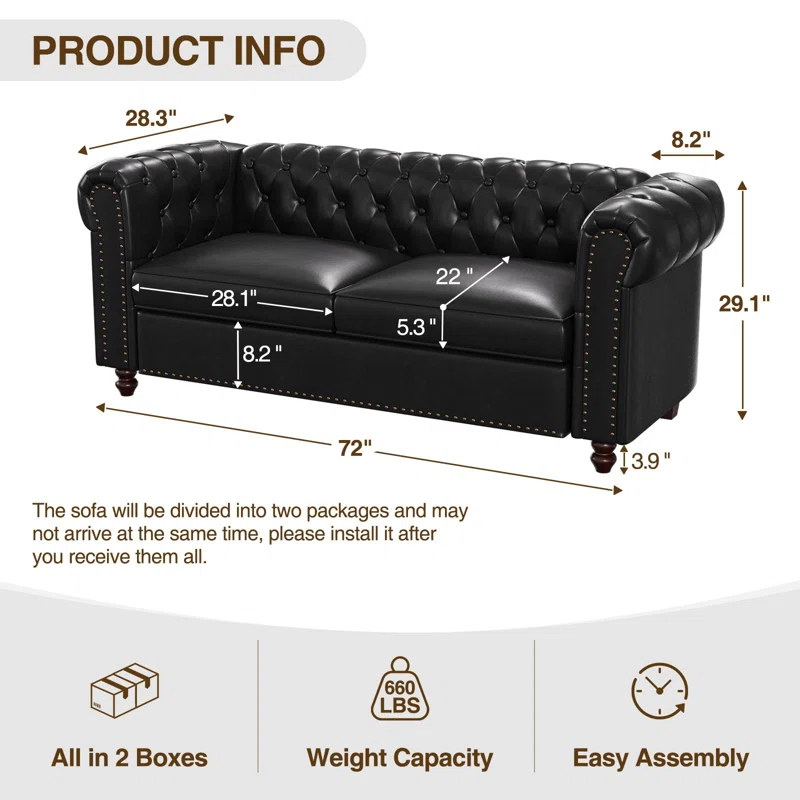 Alcott Hill® 72 Inch Couch Chesterfield Leather Sofa With Wooden Legs