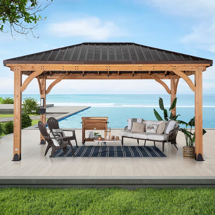 Backyard Discovery Backyard Discovery Barrington 16' x 12' Cedar Wood Outdoor Patio Gazebo with Hardtop Galvanized Steel Hip Roof and PowerPort