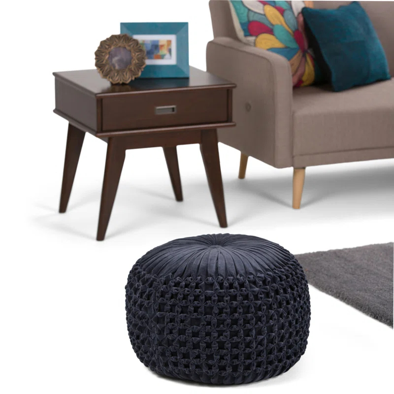 Simpli Home Renee 20"W Round Button-Tufted Velvet Pouf