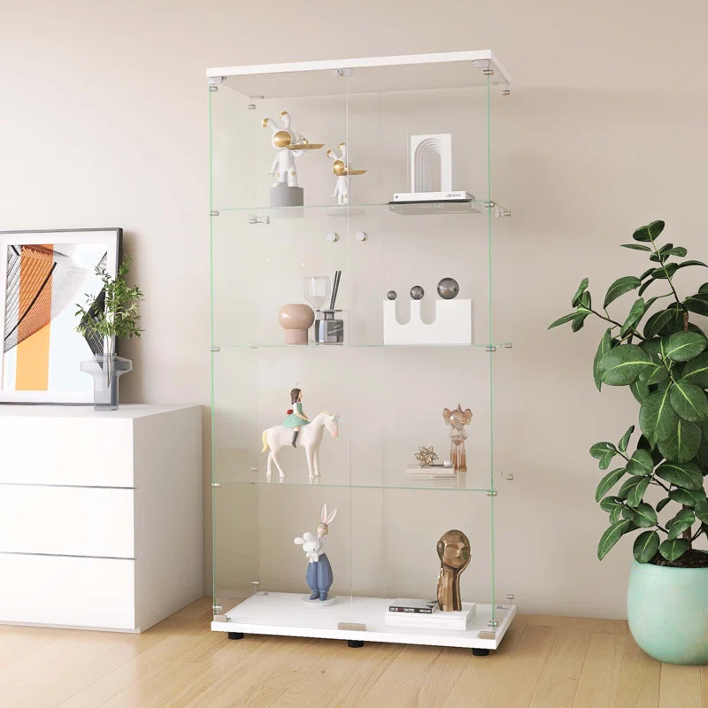 House On Tree Two-door Glass Display Cabinet 4 Shelves with Door, Floor Standing Curio Bookshelf