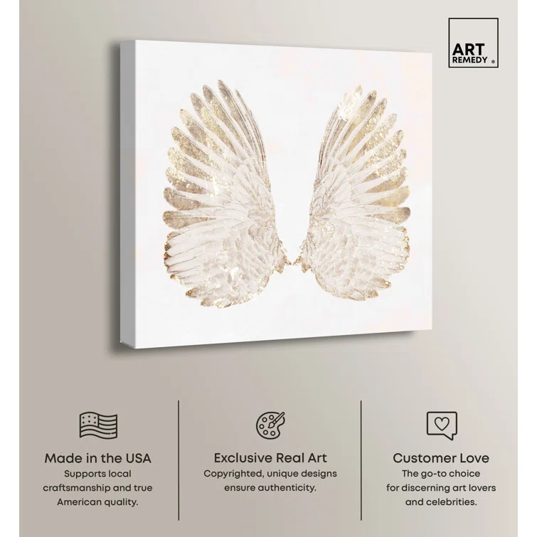 Art Remedy Soft Angel Wings Canvas Elegant White Gold Wall Art by Art Remedy