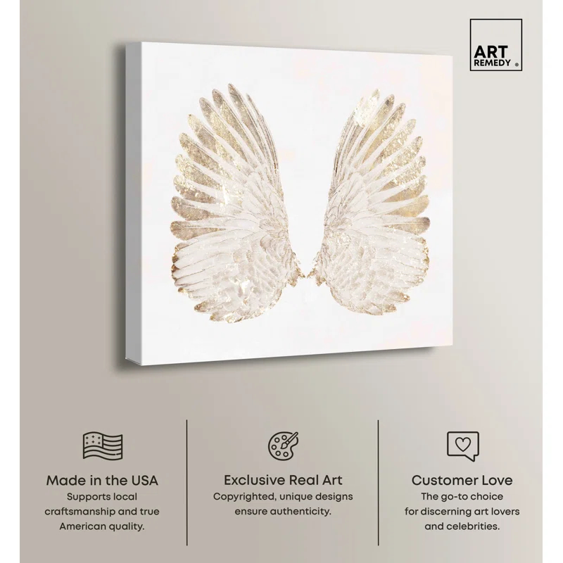 Art Remedy Soft Angel Wings Canvas Elegant White Gold Wall Art by Art Remedy