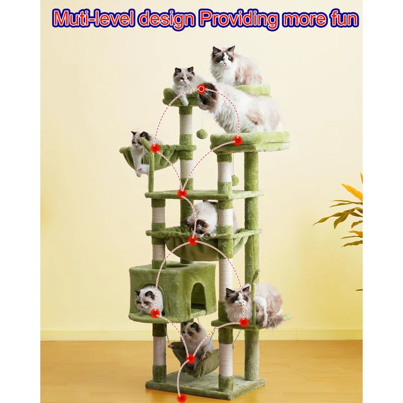 63" Cat Tree For Large Breeds - Spacious Platforms, Hammock, Sisal Scratching Posts & Cat Condo, Indoor Use
