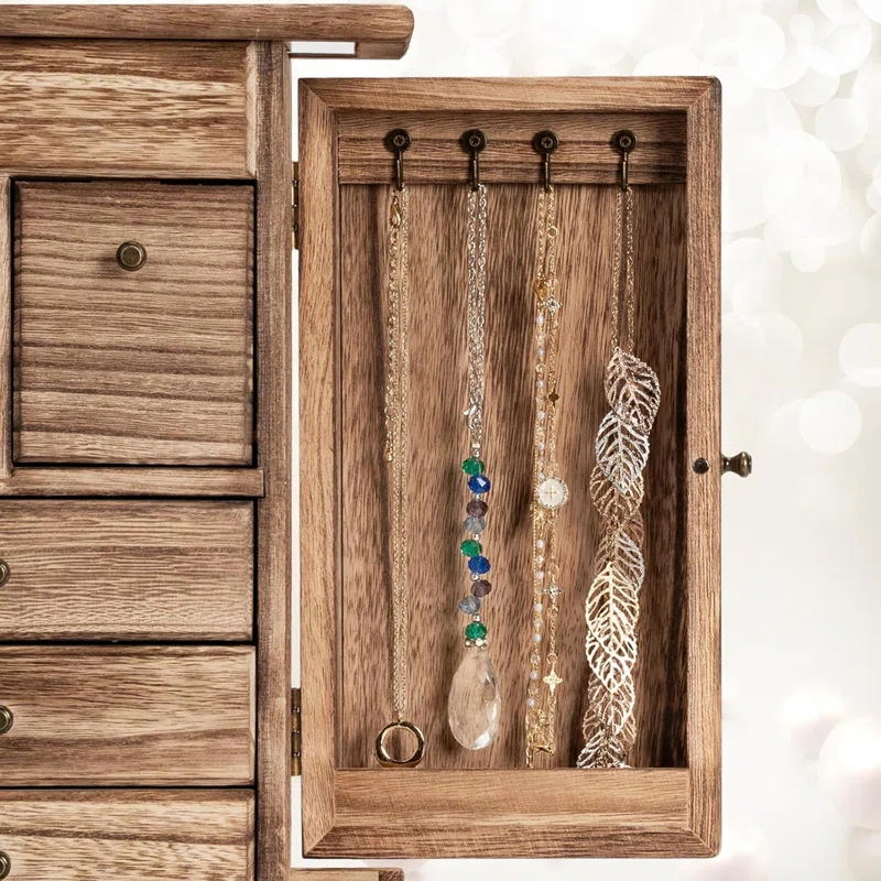 Loon Peak® Jewelry Box, Rustic Wooden Jewelry Boxes & Organizers With Mirror & Drawers,6 Layer Jewelry Organizer Box For Rings Earrings Necklaces Bracelets (Carbonized Black)