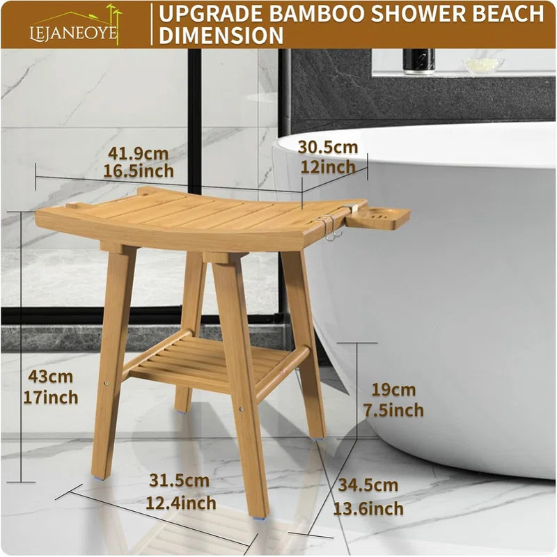 Red Barrel Studio® Bamboo Shower Bench Stool, Shower Chair For Inside Shower With 2-Tier Storage Shelf, Waterproof Shower Seat For Shaving Legs, Spa Bathroom Shower Bench
