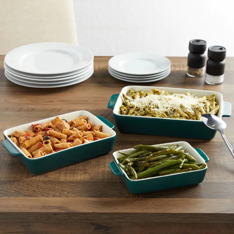 FETLOD 3 Piece Green Casserole Dishes For Oven Use, Baking, Rectangular Ceramic Bakeware Set In Assorted Sizes