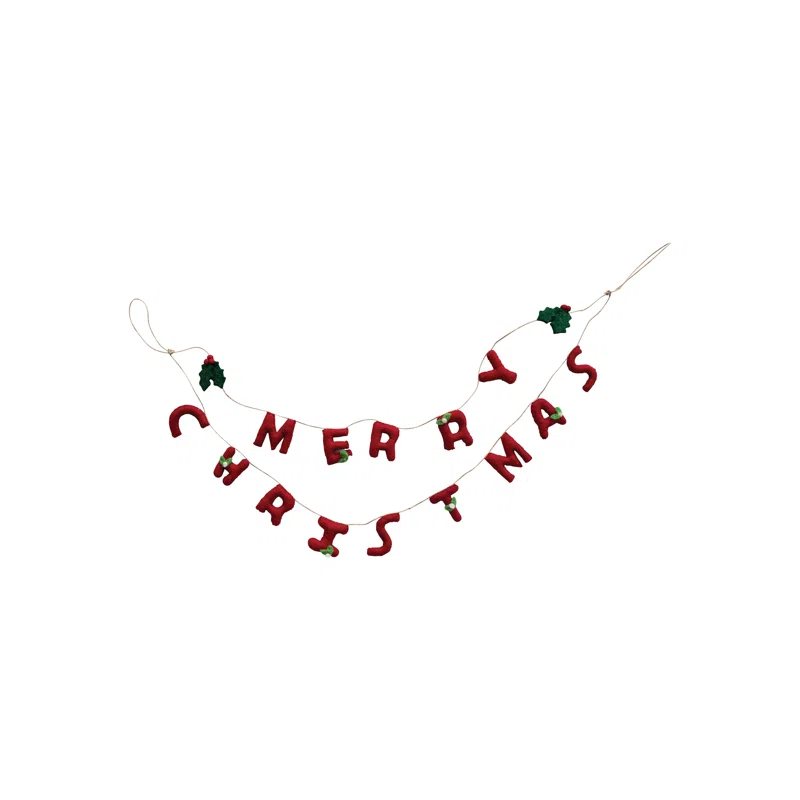 Creative Co-Op Handmade Wool Felt Garland With Holly Leaves And Berries "Merry Christmas"