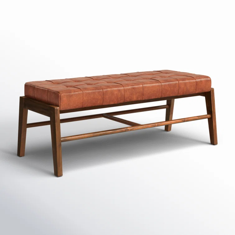 Dennis 49" Wide Teak and Full Grain Leather Bench, Brown