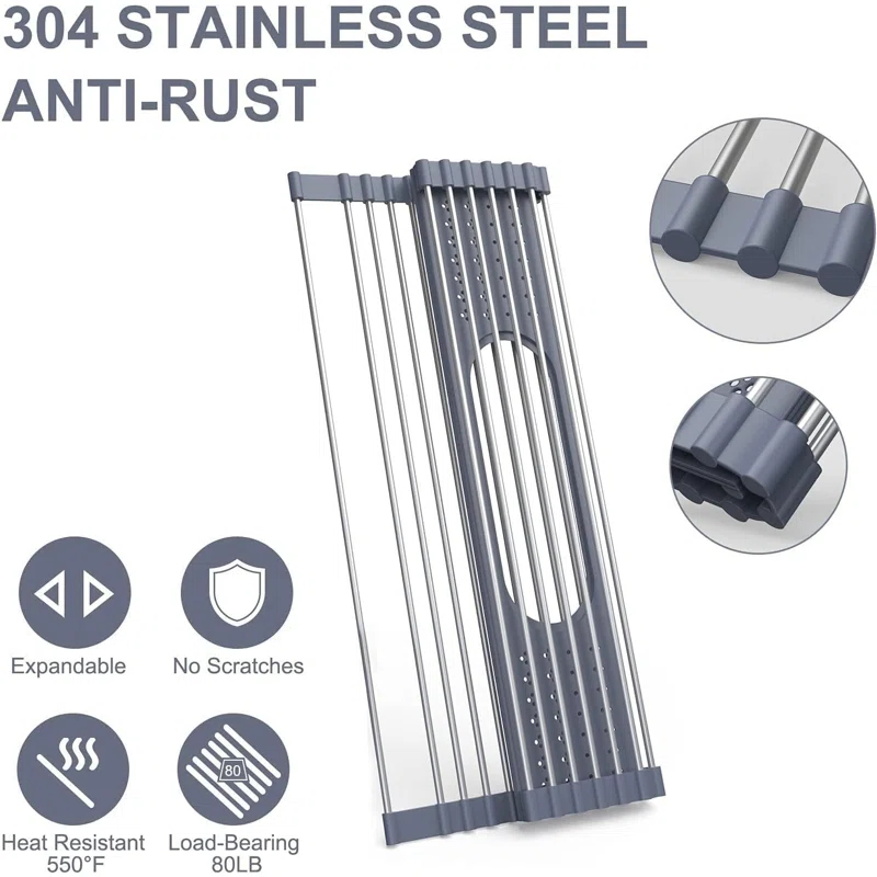THE GLAMOUR BOUTIQUES Roll Up Dish Drying Rack 17.5" X 15.2" Over The Sink Dish Drying Rack, Multi-Purpose Kitchen Rolling Dish Drainer Foldable SUS 304 Stainless Steel Dish Drying Rack