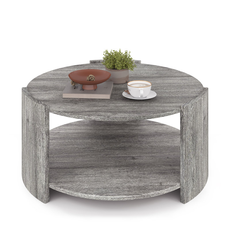 Michaelee Round Coffee Table, 36" Rustic Modern Circle Coffee Tables with 2 Tier Storage Shelf, Cocktail Table for Living Room Apartment