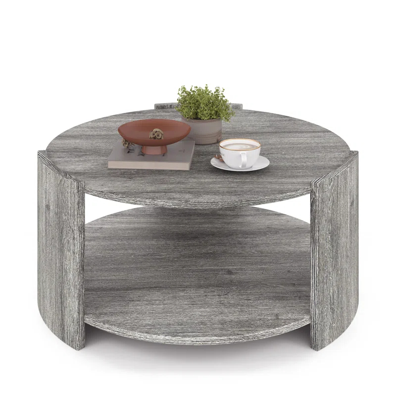 Michaelee Round Coffee Table, 36" Rustic Modern Circle Coffee Tables with 2 Tier Storage Shelf, Cocktail Table for Living Room Apartment