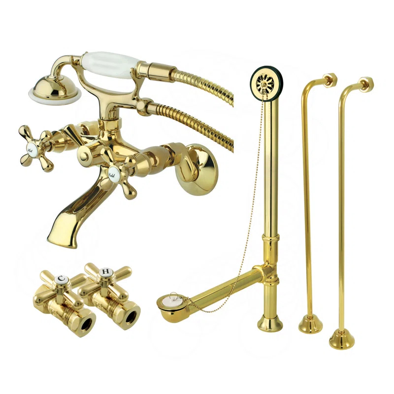 Kingston Brass Vintage Two-Handle 2-Hole Tub Wall Mount Clawfoot Tub Faucet Package with Supply Line, Hand Shower and Tub Drain