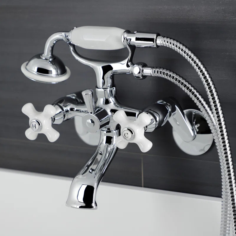 Kingston Brass KS266PXC Kingston Brass Kingston Three-Handle 2-Hole Wall Mount Clawfoot Tub Faucet with Hand Shower