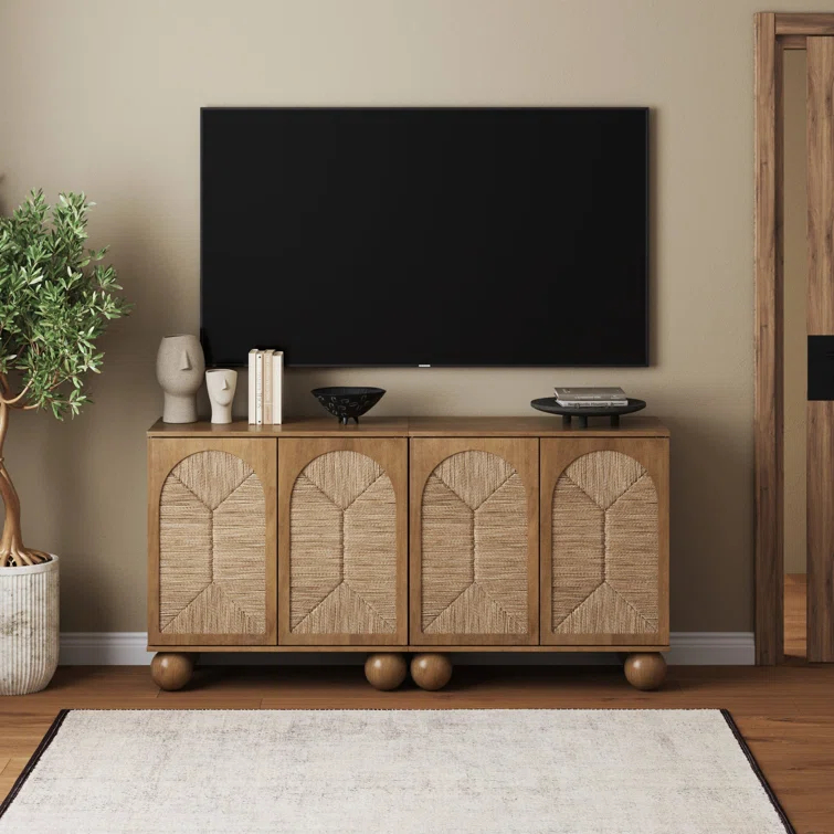 Nathan James Boho Storage Cabinet with Ball-Style Feet and Seagrass Door Panels