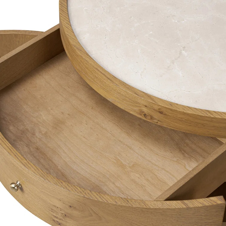Cream Marble and Oak Veneer Demilune Nightstand with 3 Drawers