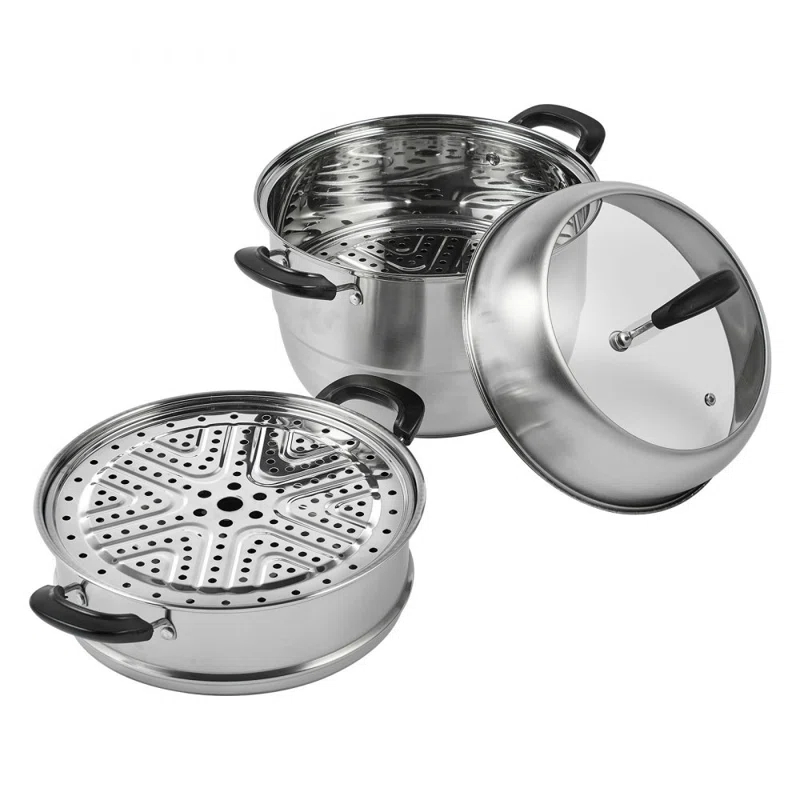 Stellweilan Tessberg Steamer Pot 11in/28cm, 3 Tier Steamer Pot for Cooking with 8.5QT Stock Pot, Vegetable Steamer & 2 Steaming Tray, Food-Grade 304 Stainless Steel Food Steamer Cookware for Gas Electric Stove Grill
