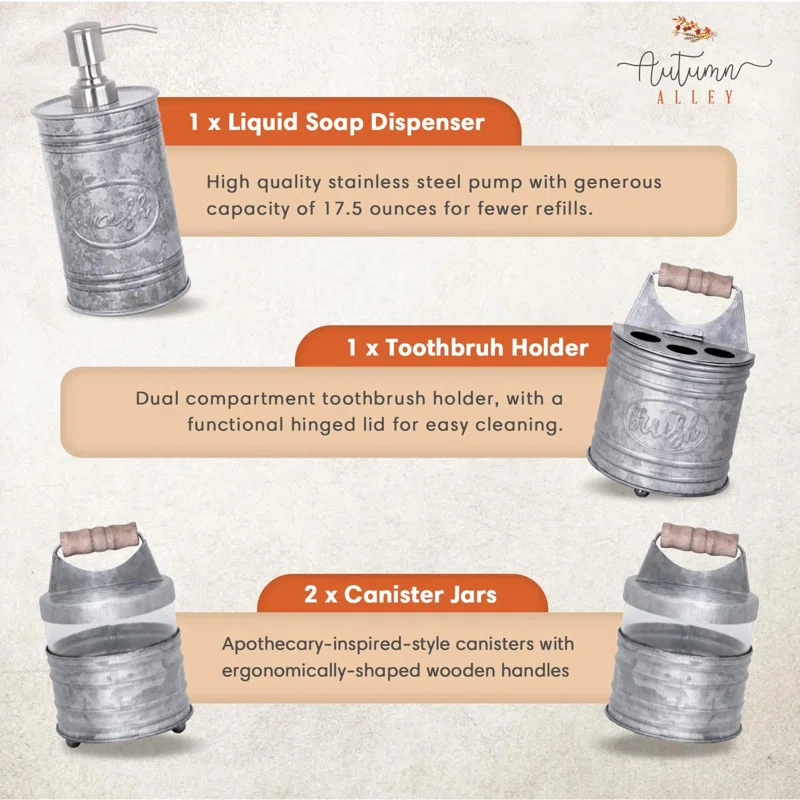 THE GLAMOUR BOUTIQUES Rustic Bathroom Accessories Set 4 - Galvanized Soap Dispenser, Rustic Toothbrush Holder, 2 Apothecary Jars Qtip Holder - Rustic Bathroom Decor – Farmhouse Bathroom Accessories