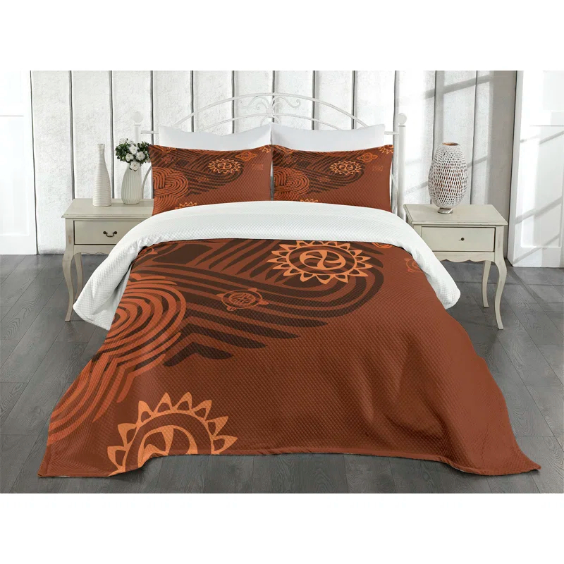 Ambesonne Ambesonne Earth Tones Bedspread Set Folk Floral Details Brown Orange Peach