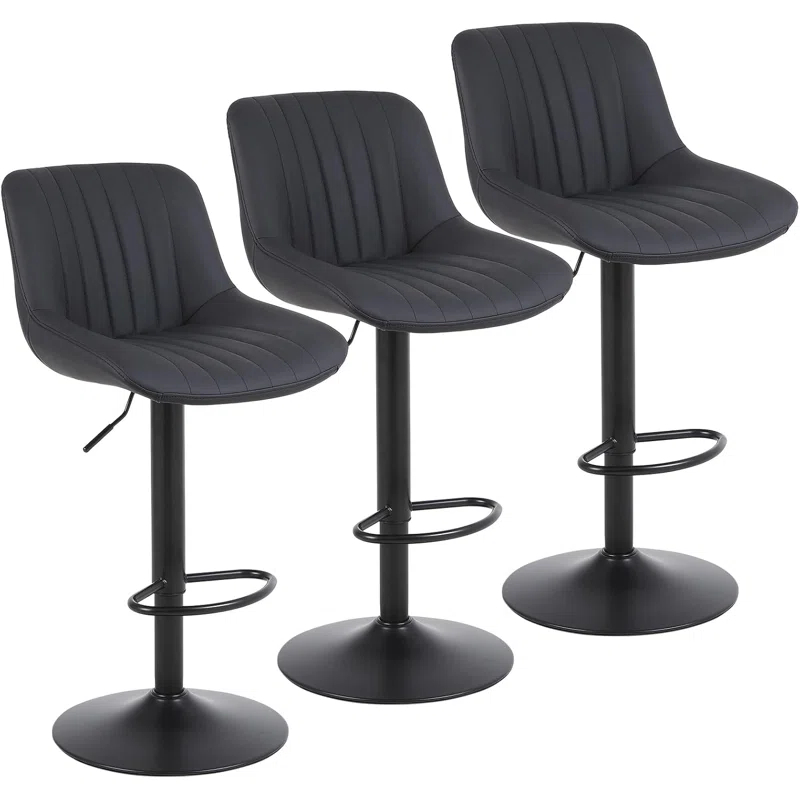 Corrigan Studio® Bar Stools Set of 3, Swivel Counter Height Barstools with Back, Adjustable PU Leather Bar Chairs, Modern Armless Kitchen Island Stool, Black