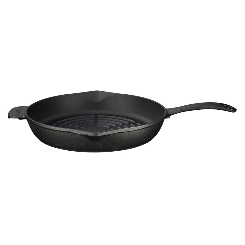 LAVA CAST IRON Lava Enameled Cast Iron Grill Pan 11 inch-Radial Pattern Pan with Pour Spouts Round Black