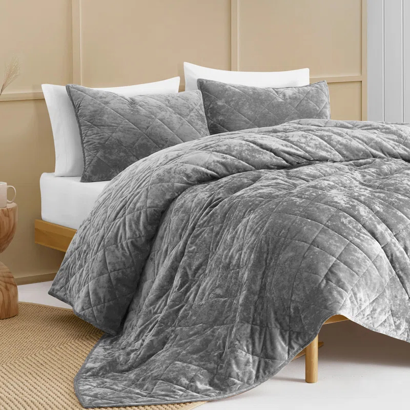 Wonderful Textile Wonderful Velvet & Flannel Quilt Set, Diamond Quilting Lightweight Comforter with Pillow Shams, Holiday Gift