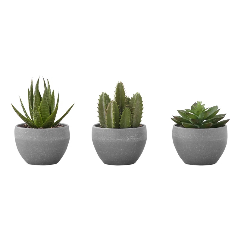Benjara Artificial Succulents Silk Plant Indoor Set of 3, Green, Gray Cement