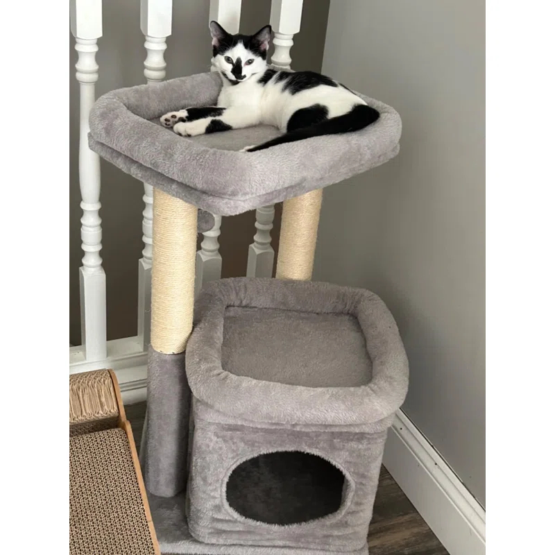 27" Cat Tree Cat Tower ,Natural Sisal Scratching Posts and Plush Pom-pom
