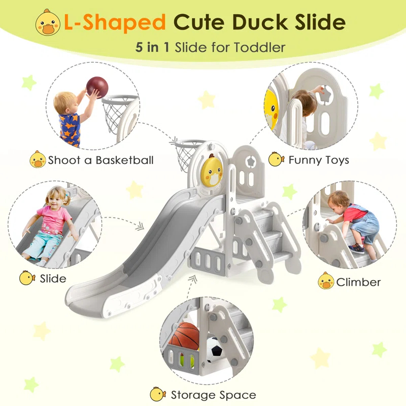 5 in 1 Toddler slide, Kids Slide with Climber Outdoor Indoor Slide Cute Duck Theme Playset