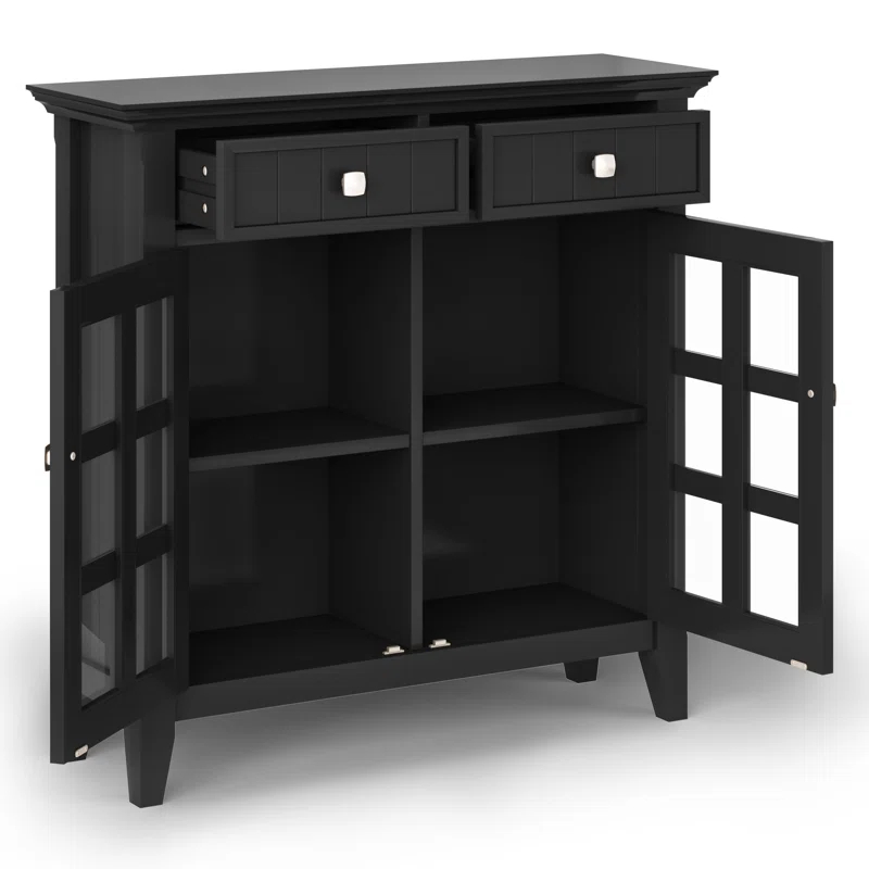 Simpli Home Acadian 36"W Solid Wood 2-Shelf Entryway Storage Cabinet with Glass Doors and 2 Drawers