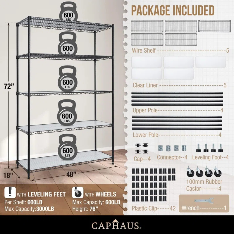 CAPHAUS CAPHAUS NSF Commercial Grade Heavy Duty 5-Tier Wire Shelving w/Wheels, Leveling Feet, 48 x 18 x 76-Inch, Multiple Options