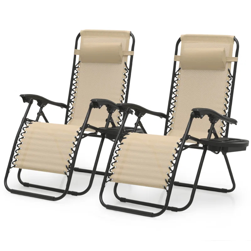Arlmont & Co. Zero Gravity Chairs Recliners Outdoor Adjustable Foldable Reclining Lounge Chairs with Cup Holder (Set of 2)