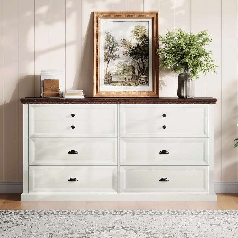 Winston Porter 58 inch Dresser for Bedroom, Farmhouse 6 Drawer Dresser, TV Stand for Bedroom, Dressers & Chests of Drawers, Living Room Organizer with Storage Drawers | Wayfair