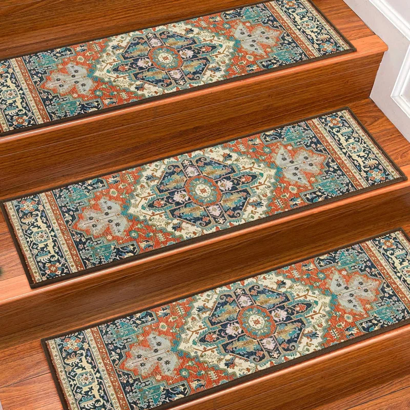 Bungalow Rose Stair Treads For Wooden Steps Indoor, 15 Pack 8" X 30" Non Slip Carpet Stair Treads With Reusable Adhesive For Kids Elders And Dogs, TPR Backing Stair Rugs Oriental Staircase Step Treads,Bohemia